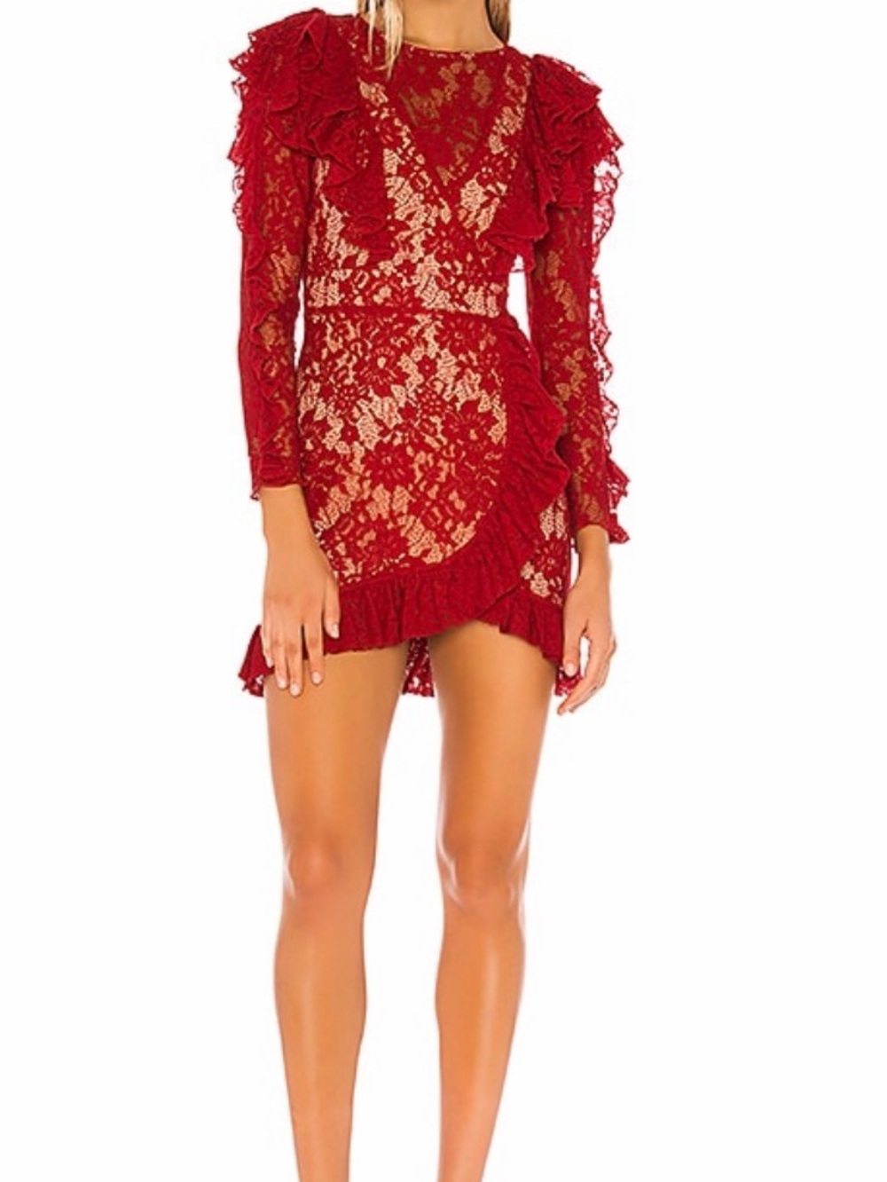 MAJORELLE Red Lace Ruffle Mini Dress